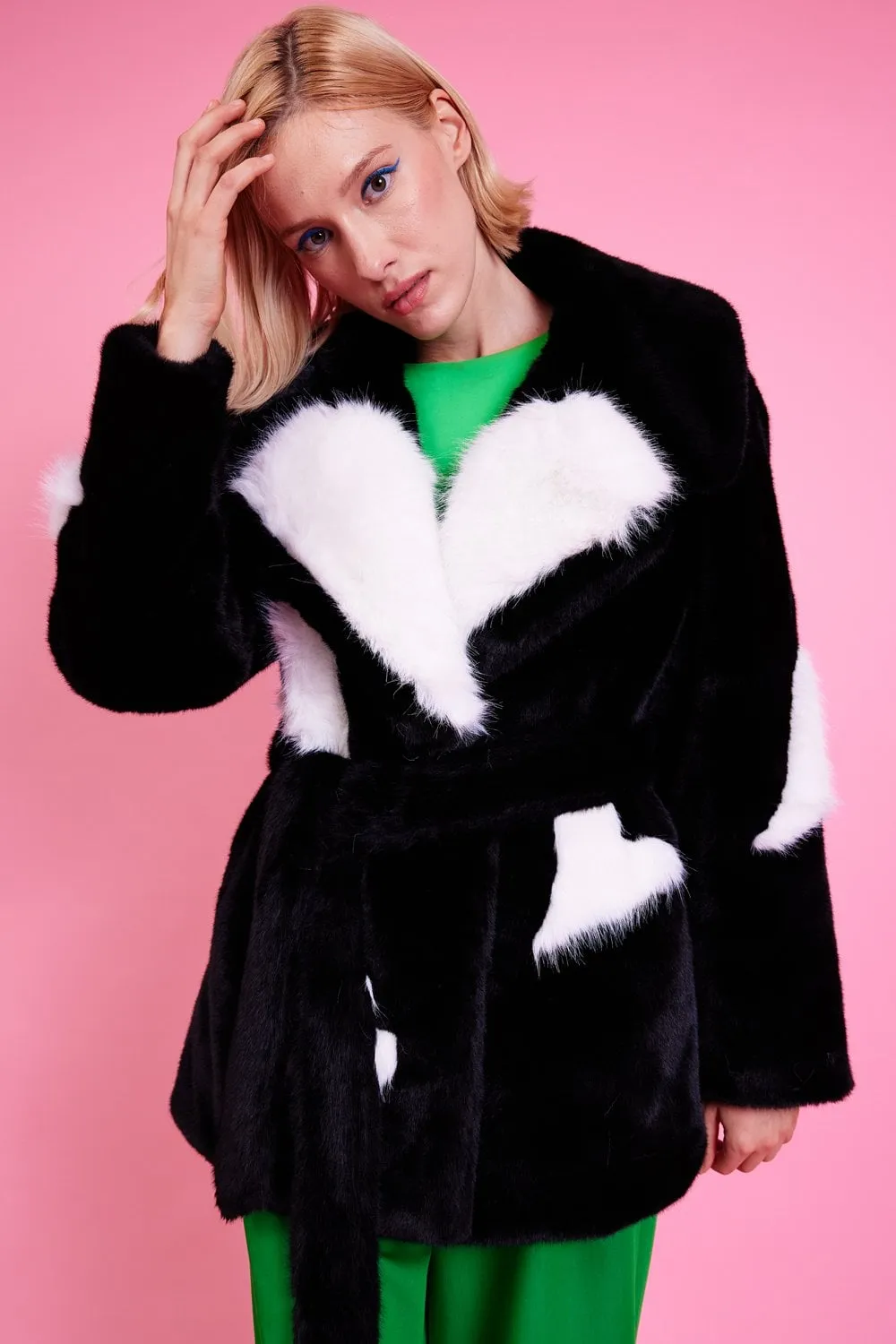 Black Eco Bamboo Faux Fur Coat with Love Heart Detailing