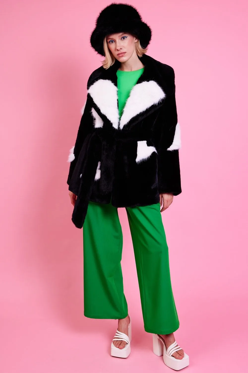 Black Eco Bamboo Faux Fur Coat with Love Heart Detailing