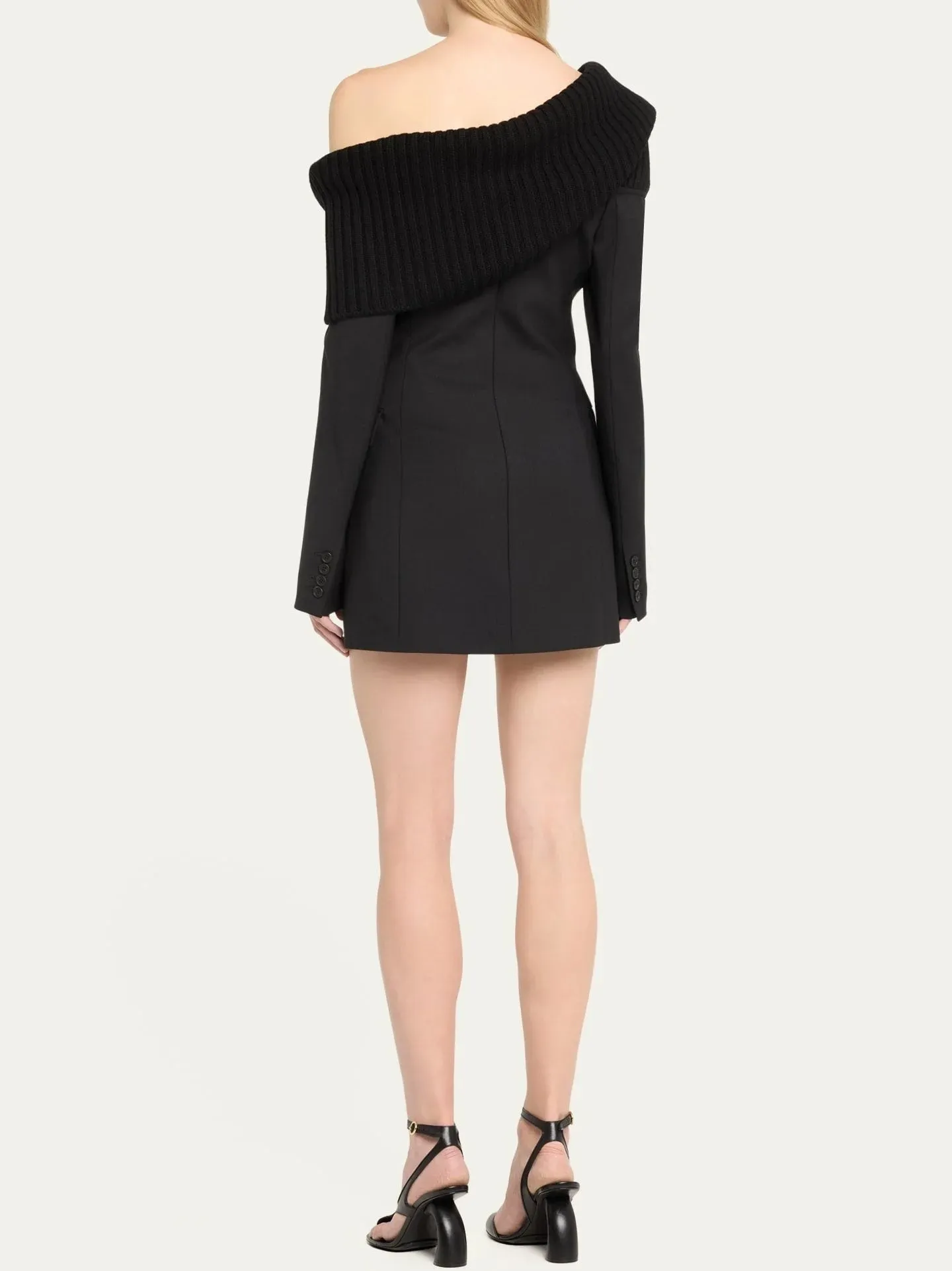 Black Knit Off-Shoulder Double-Breasted Mini Blazer-Dress