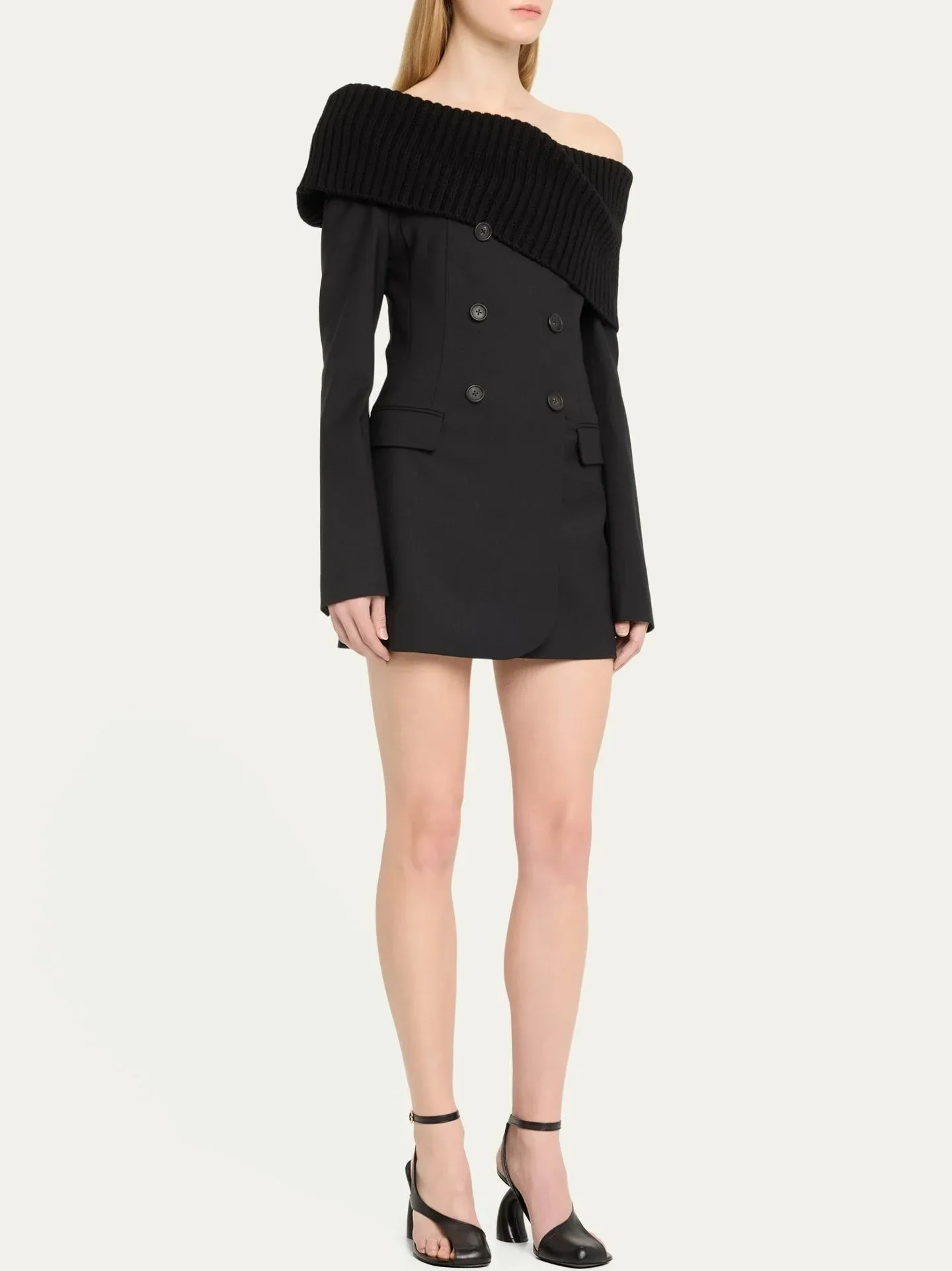 Black Knit Off-Shoulder Double-Breasted Mini Blazer-Dress