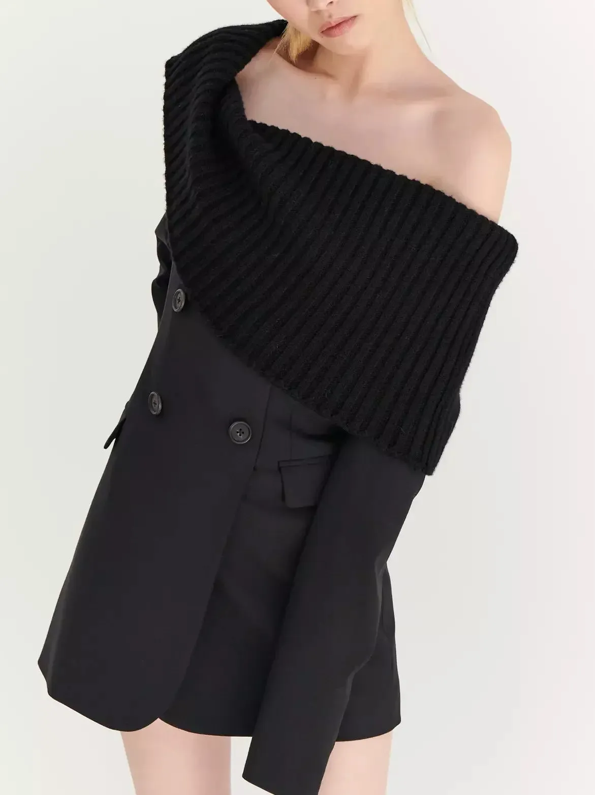 Black Knit Off-Shoulder Double-Breasted Mini Blazer-Dress