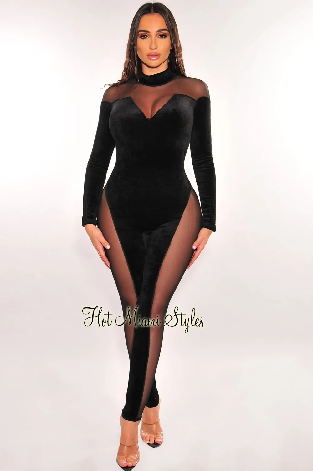 Black Mock Neck Velour Mesh Long Sleeve Jumpsuit