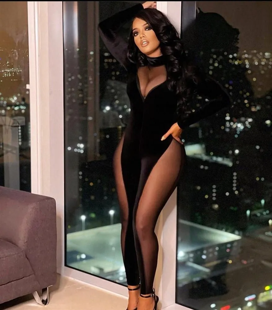 Black Mock Neck Velour Mesh Long Sleeve Jumpsuit