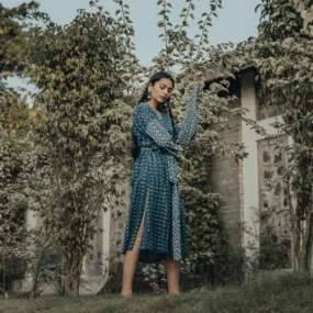 Blue Indigo Hand Block Cotton V-Neck Shirt Dress