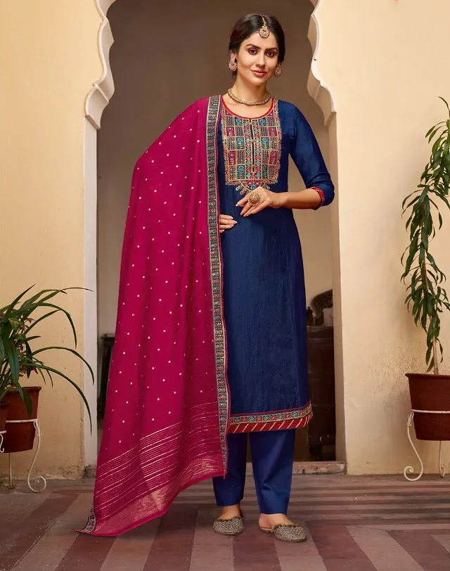 Blue Pant Style Silk Zari Ladies suit Material With Embroidery Work