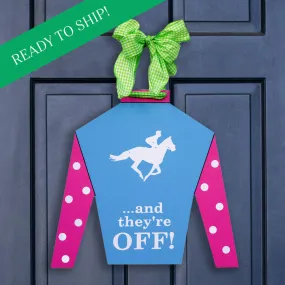 Blue "And They're Off!" Jockey Silk Door Hanger