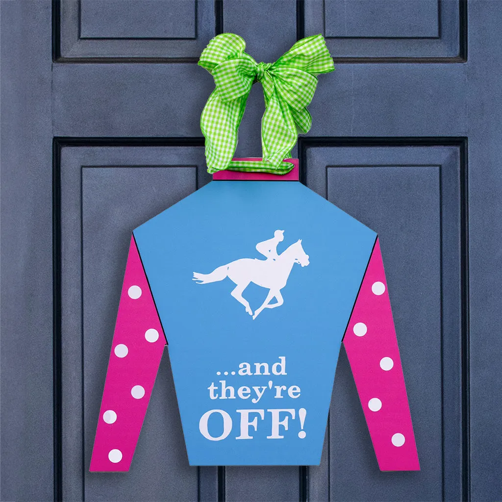 Blue "And They're Off!" Jockey Silk Door Hanger