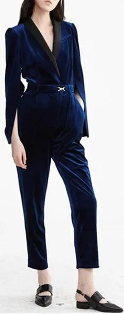 Blue Velvet Split-Sleeve Jumpsuit