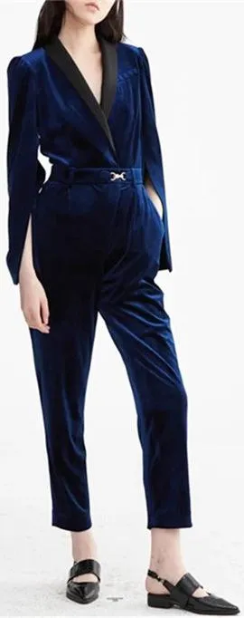 Blue Velvet Split-Sleeve Jumpsuit