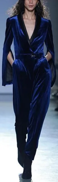 Blue Velvet Split-Sleeve Jumpsuit