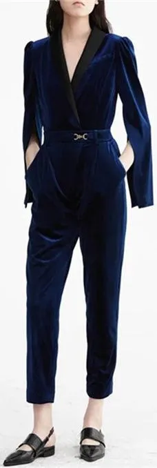 Blue Velvet Split-Sleeve Jumpsuit