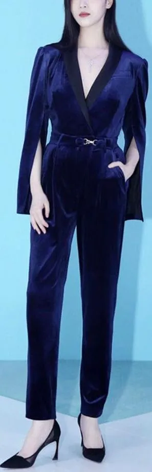 Blue Velvet Split-Sleeve Jumpsuit