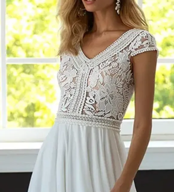 Boho Chiffon A Line Beach Wedding Dress Bohemian V Neck Bridal Gown