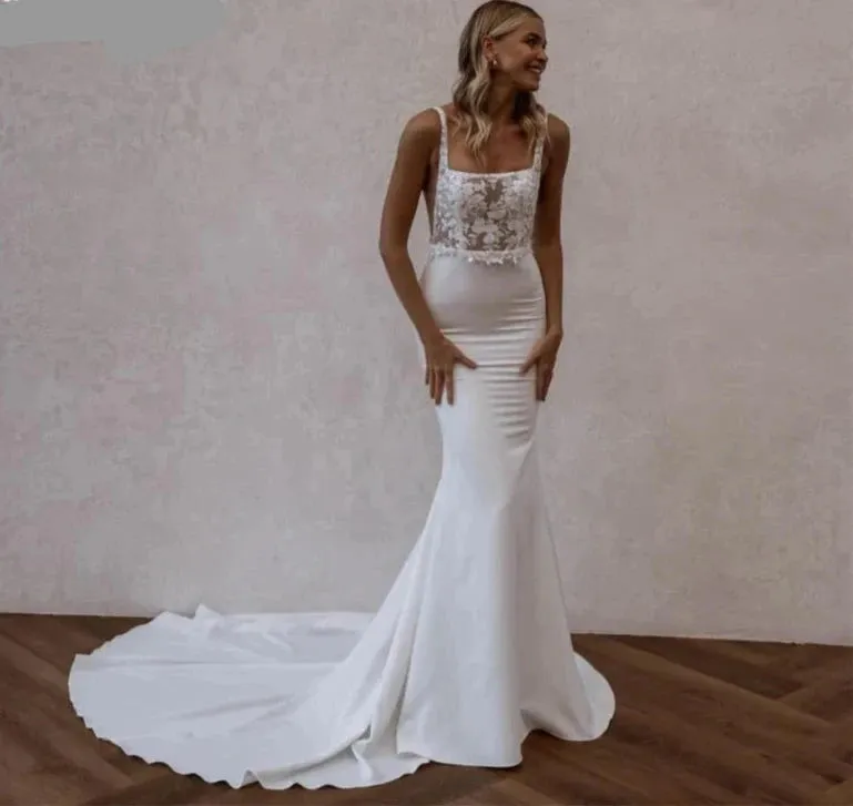 Boho Lace Mermaid Wedding Dress Elegant Bridal Gown