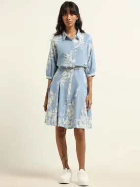 Bombay Paisley Blue Cotton Tie- Belt Dress