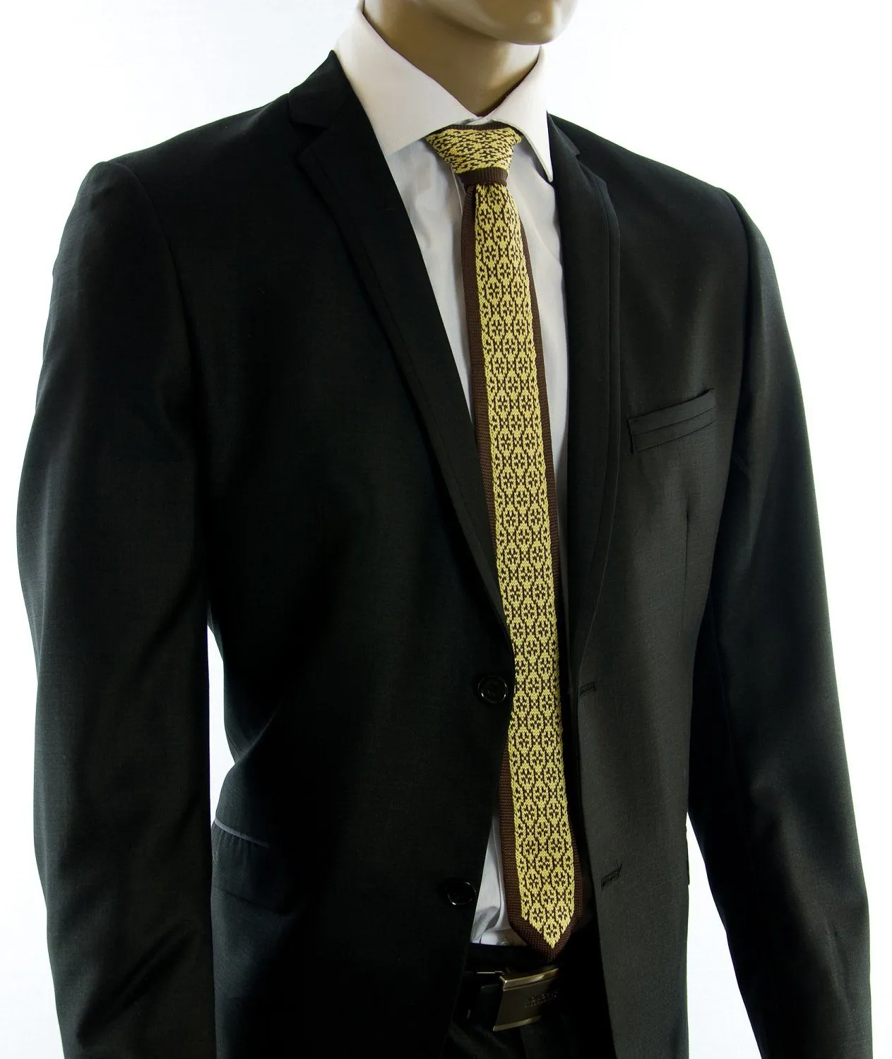 Brown and Gold Patterned Knit Tie by Paul Malone