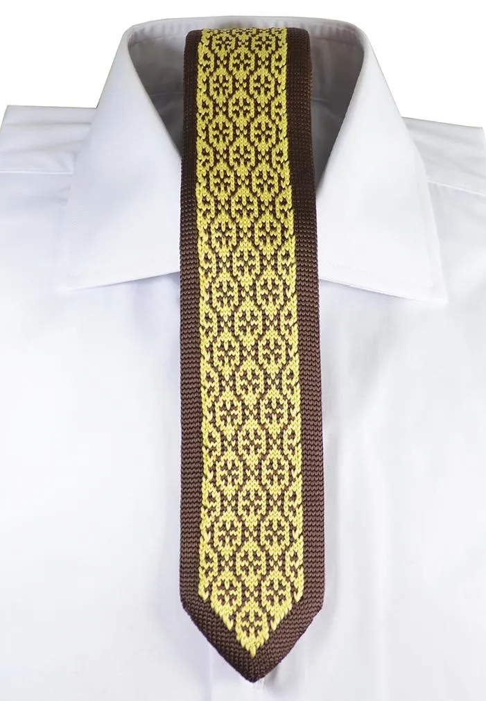 Brown and Gold Patterned Knit Tie by Paul Malone