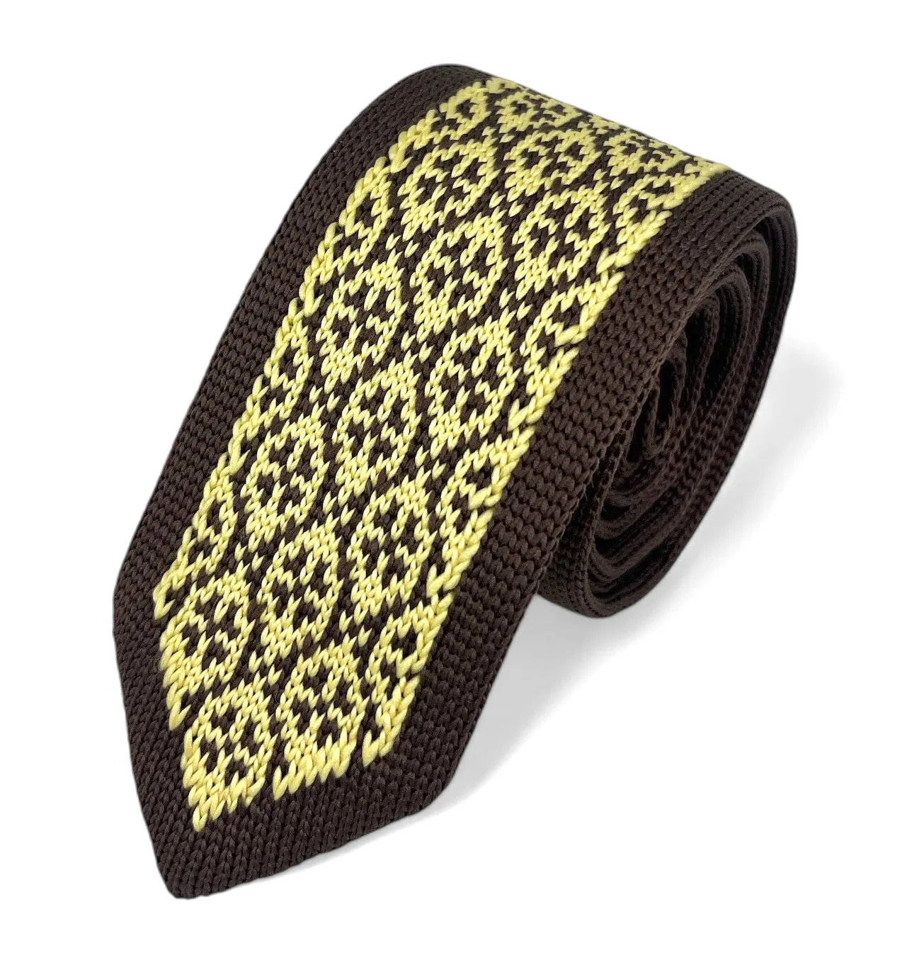 Brown and Gold Patterned Knit Tie by Paul Malone