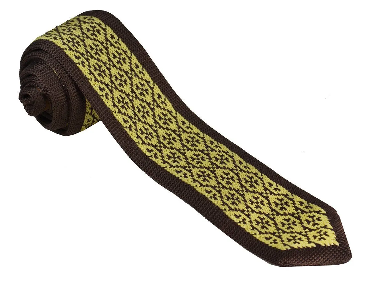 Brown and Gold Patterned Knit Tie by Paul Malone