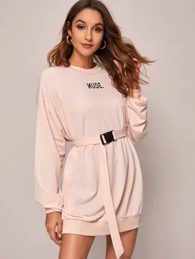 Buckle Belted Letter Graphic Sweatshirt Dress