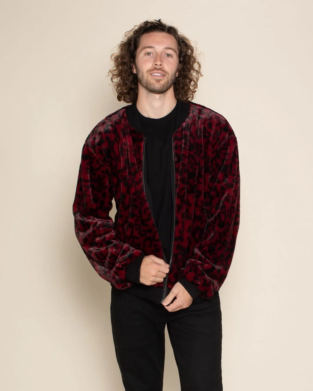 Burgundy Leopard Ultra Soft Faux Fur Bomber Jacket | Men's