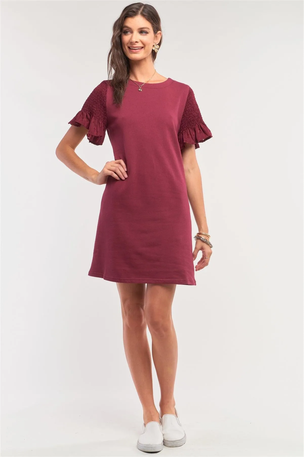 Burgundy Round Neck Smock Short Sleeve Mesh Frill Detail Tunic Mini Dress /1-2-2-1