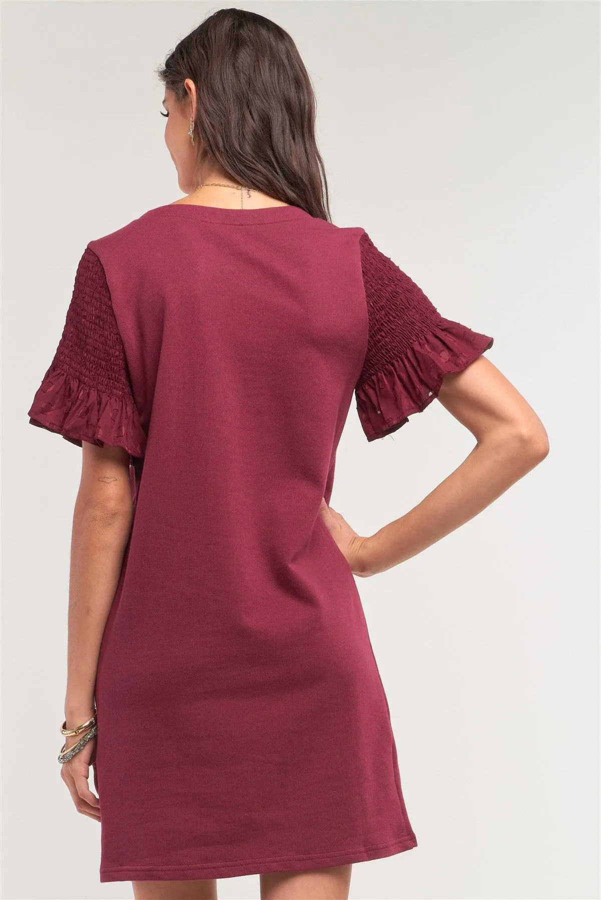 Burgundy Round Neck Smock Short Sleeve Mesh Frill Detail Tunic Mini Dress /1-2-2-1