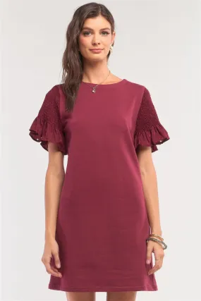 Burgundy Round Neck Smock Short Sleeve Mesh Frill Detail Tunic Mini Dress /1-2-2-1