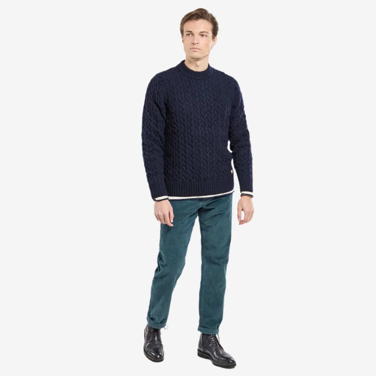 Cable Knit Fisherman Wool Sweater - Navy