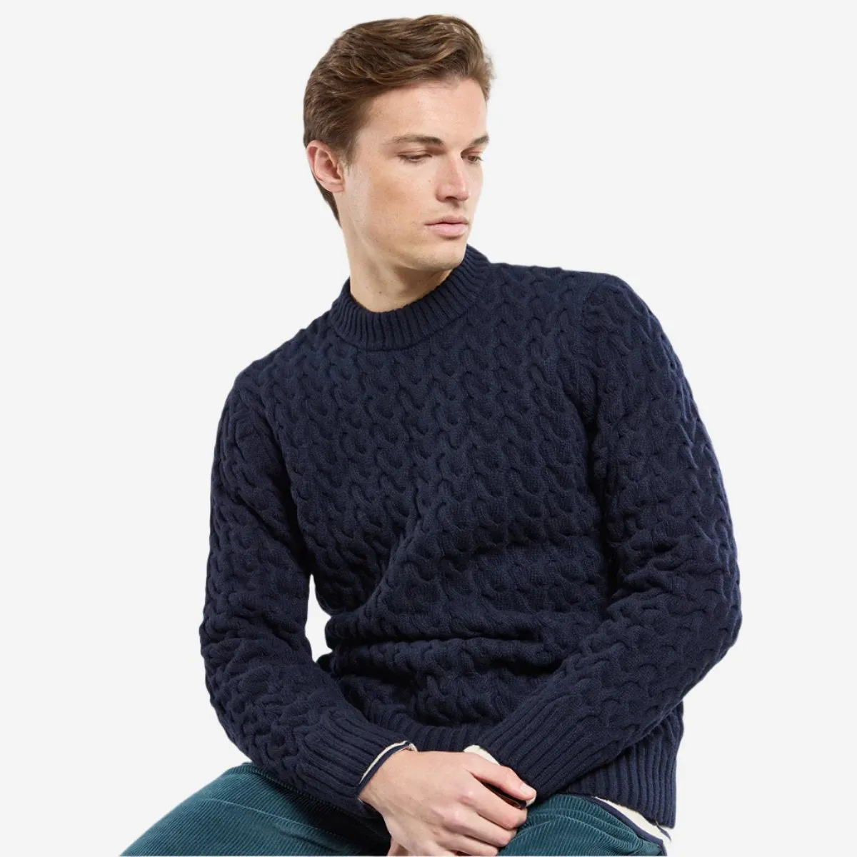 Cable Knit Fisherman Wool Sweater - Navy