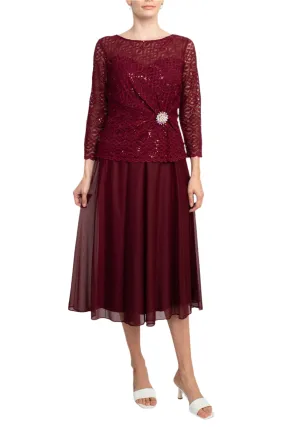 Cachet Boat Neck Long Sleeve Embroidered Top Brooch Detail Mesh Dress