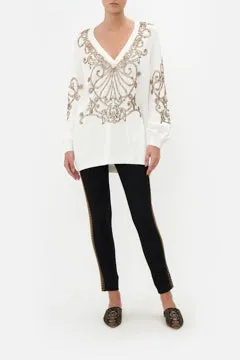 CAMILLA ARMADA EMBELLISHED V NECK KNIT IN WHITE