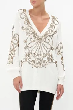 CAMILLA ARMADA EMBELLISHED V NECK KNIT IN WHITE