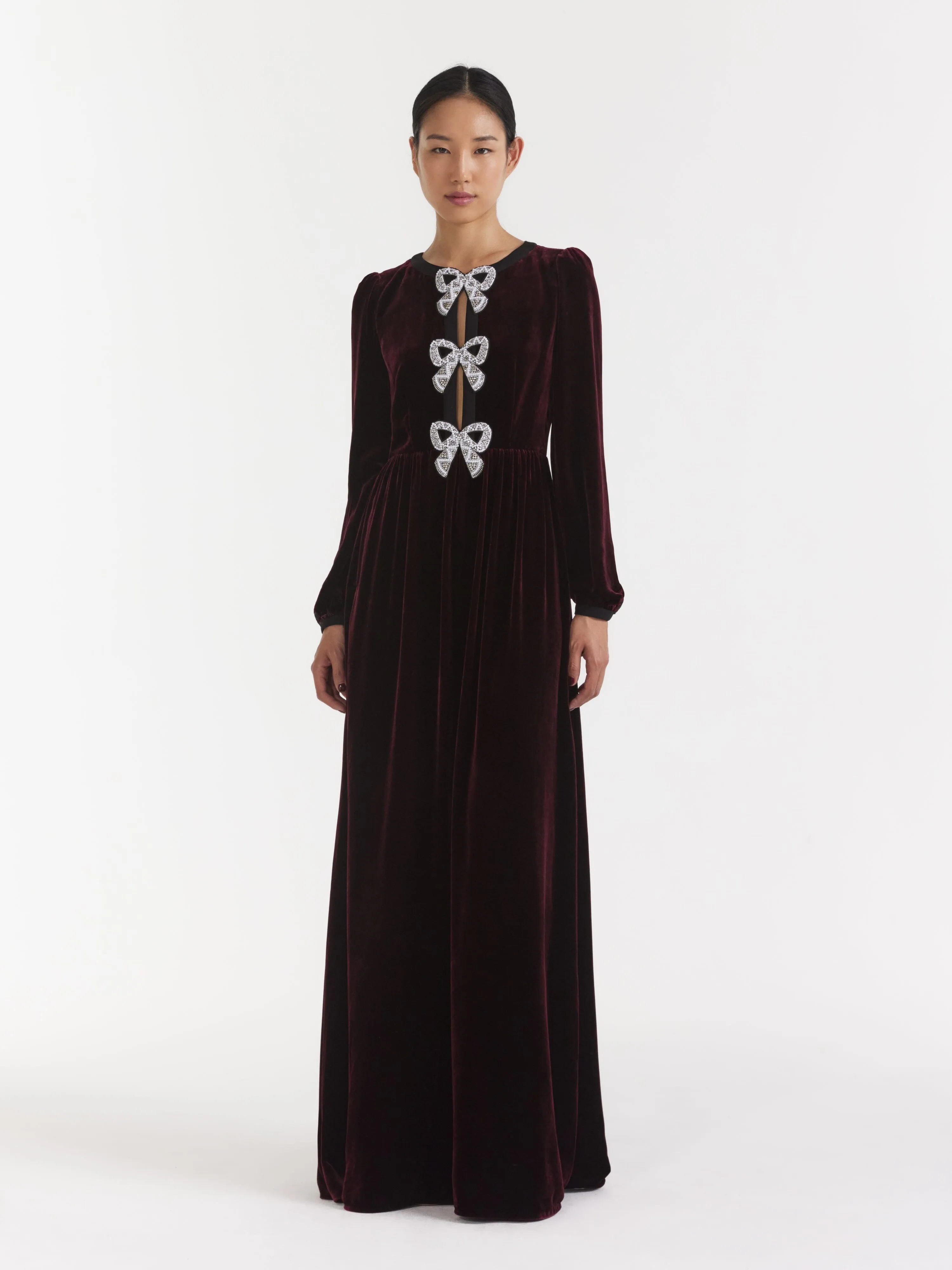 Camille Velvet Embellished Bows Long Dress in Burgundy