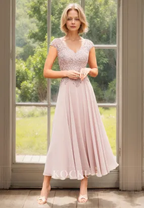 Cap Sleeves A-Line Sleeveless V-Neck Beads Chiffon Mother of Groom with Appliques Cocktail Dress