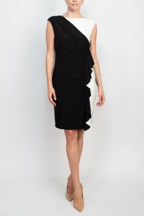 Carmen Marc Valvo Boat Neck Sleeveless Color Block Draped Gathered Side ITY Dress