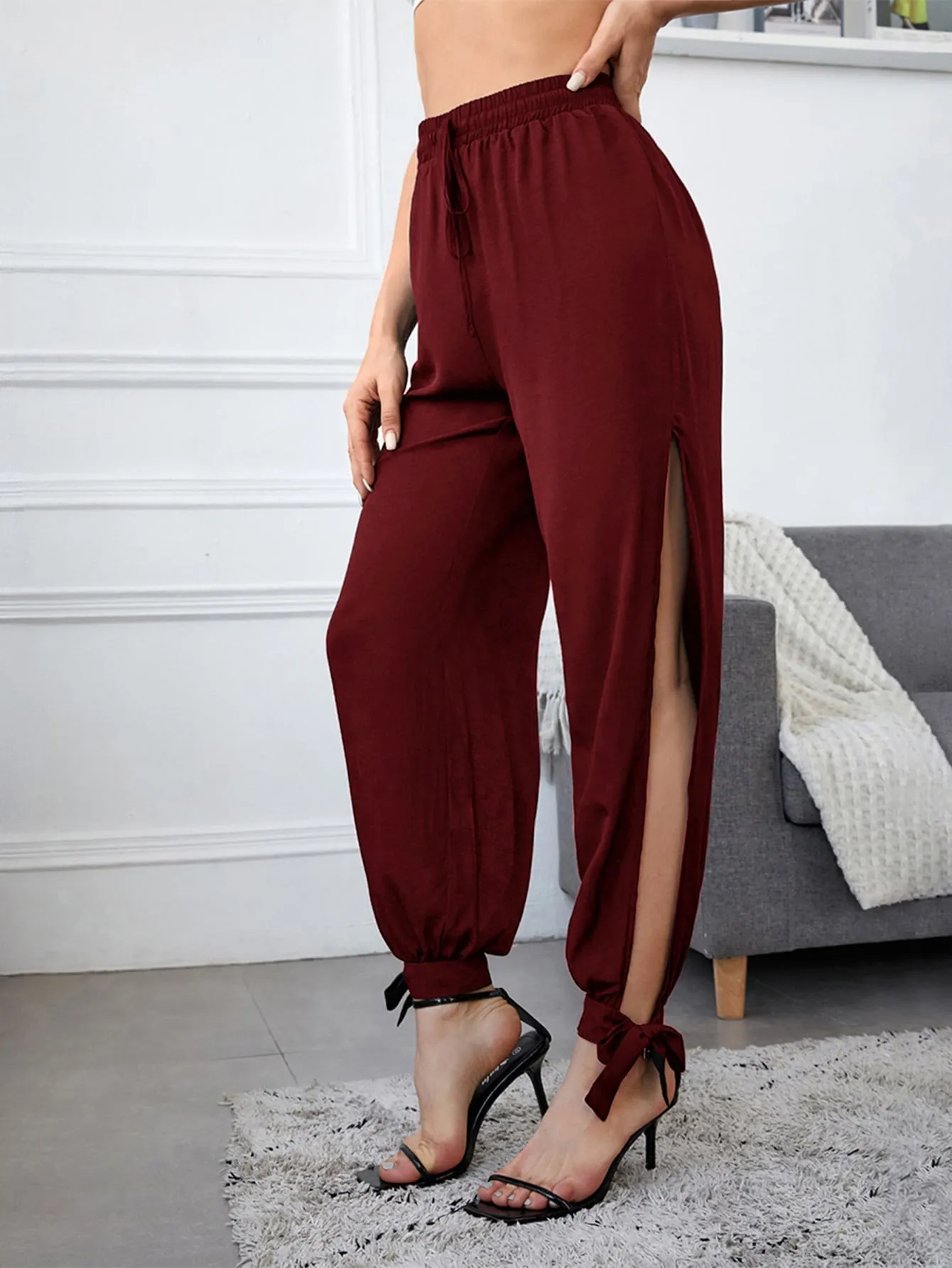 Casual Plain Knot High Waist Long Women Pants