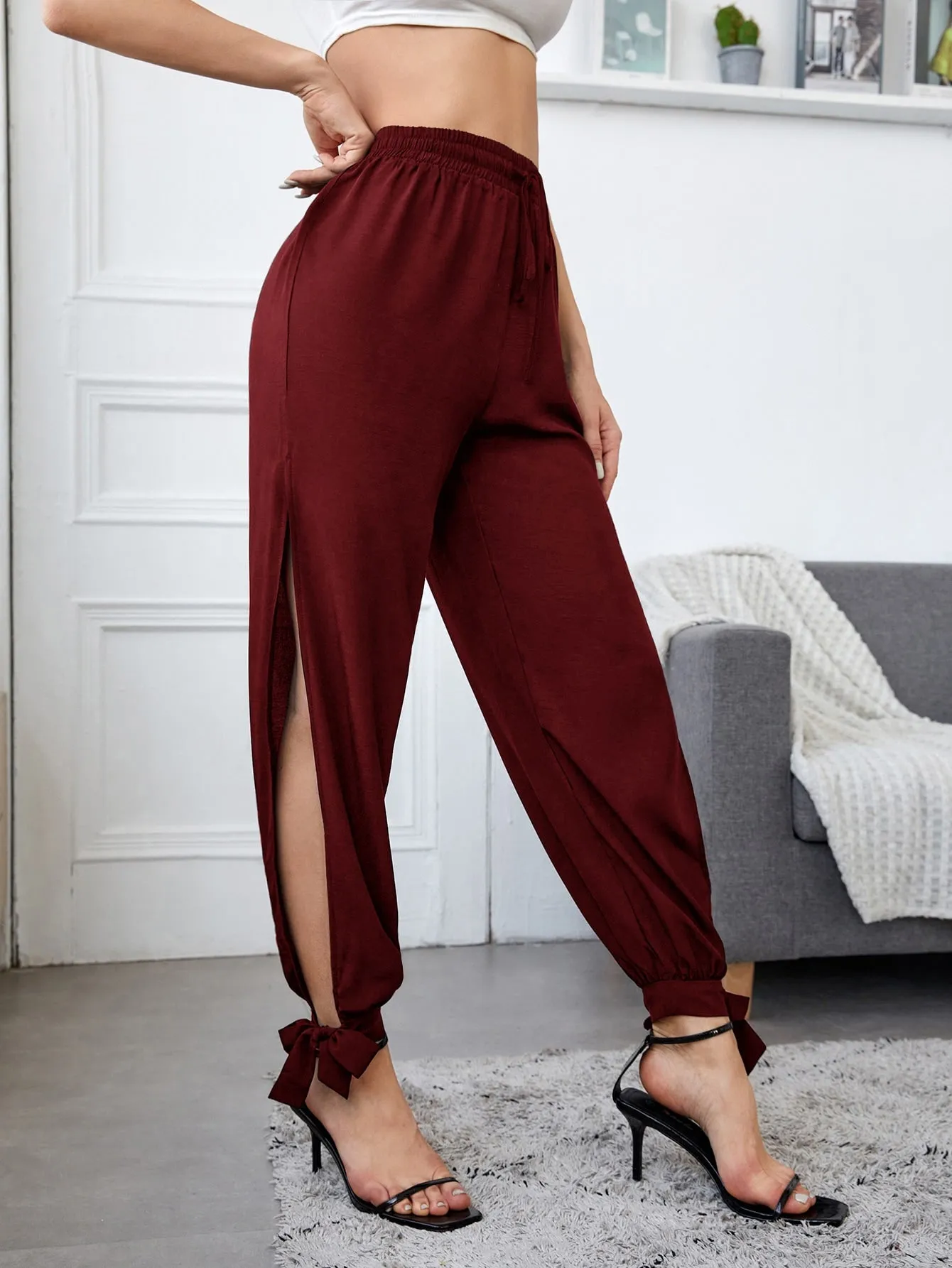 Casual Plain Knot High Waist Long Women Pants