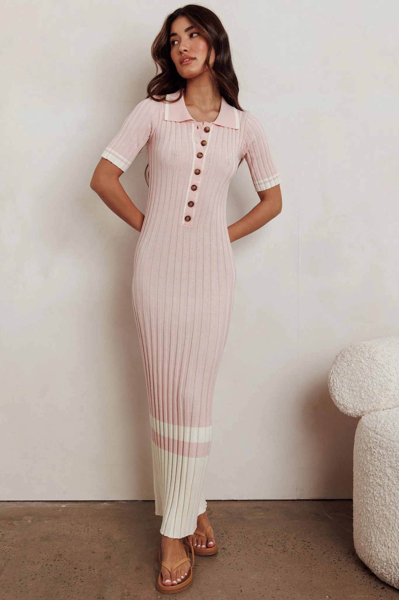 Cayla Button-Up Ribbed Knit Dress Pink