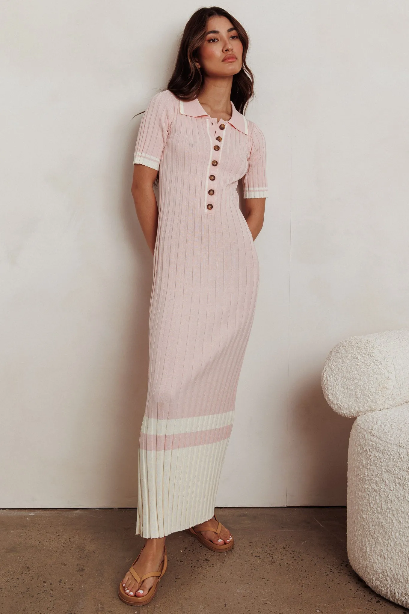 Cayla Button-Up Ribbed Knit Dress Pink