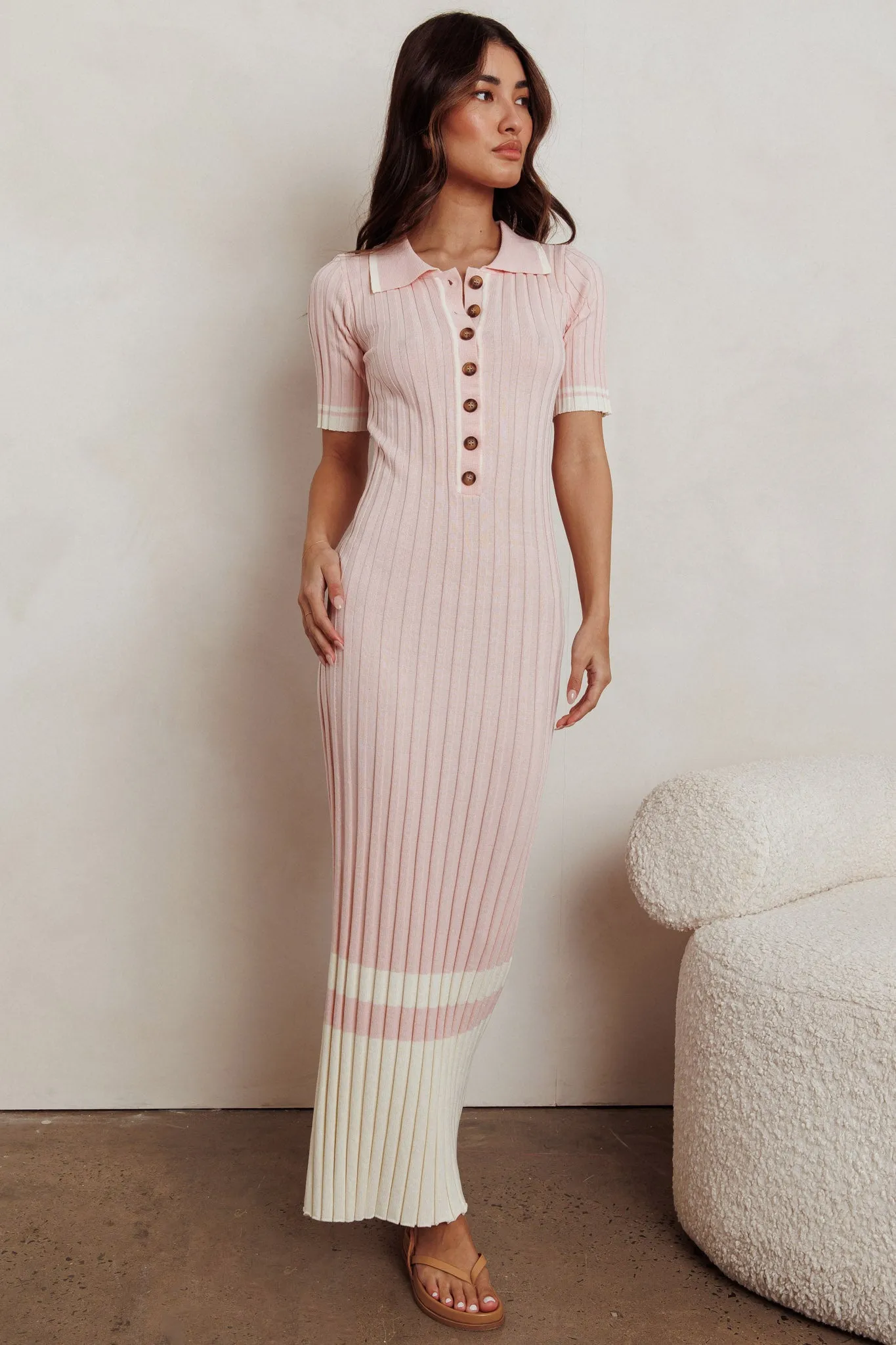 Cayla Button-Up Ribbed Knit Dress Pink