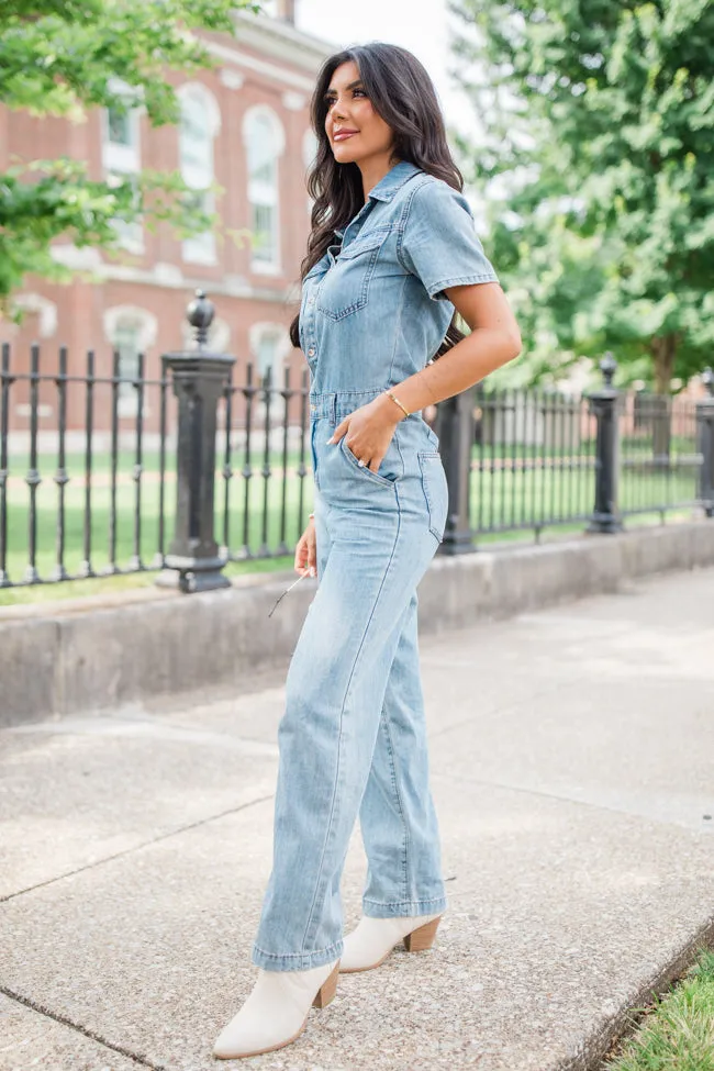 Chances Are Medium Wash Button Up Denim Jumpsuit FINAL SALE