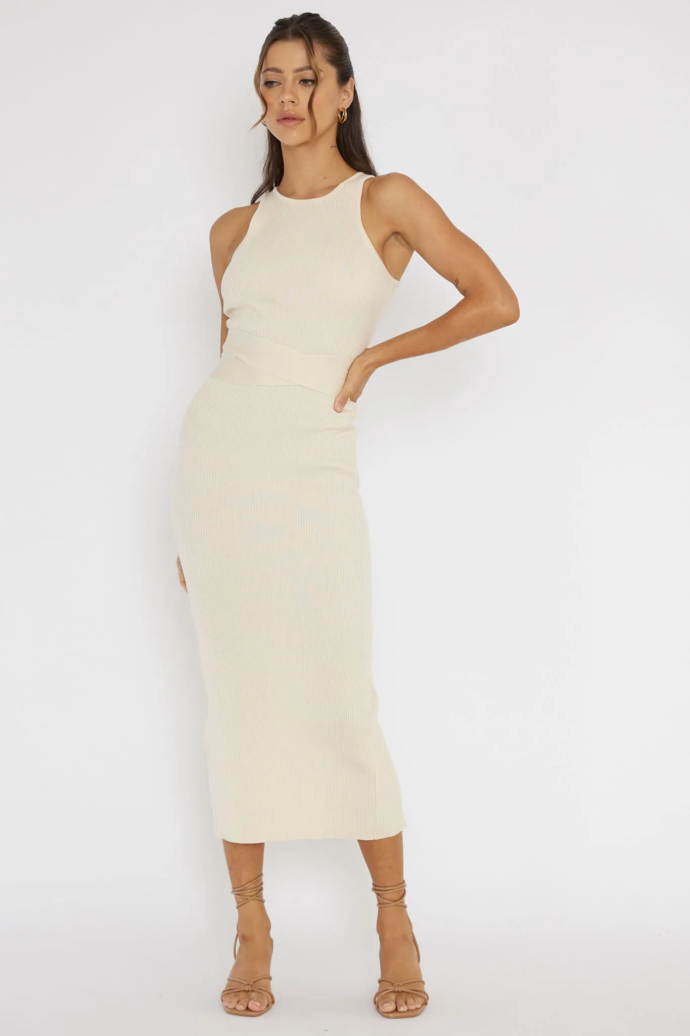 Charmed Me Ribbed Knit Midi Dress Cream