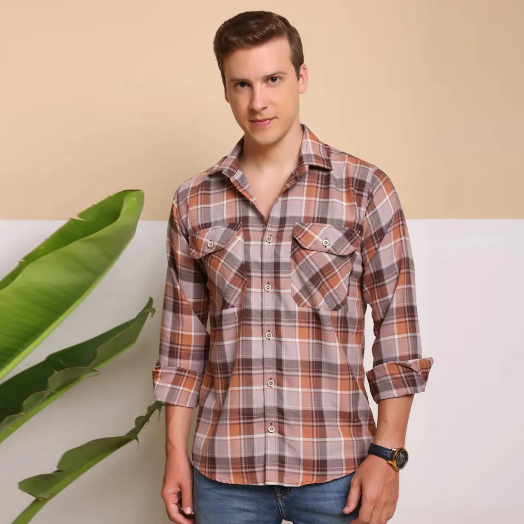 Check Regular Fit Cotton Shirt - Orange