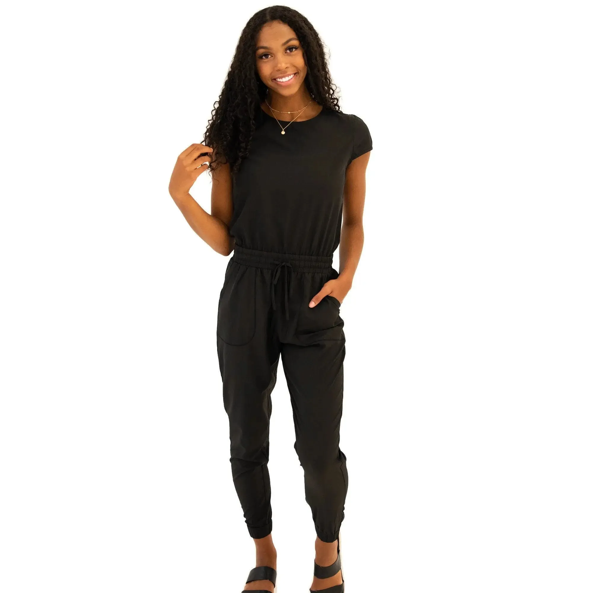 Chic Black Women's and Teens' Jumpsuit with Convenient Pockets