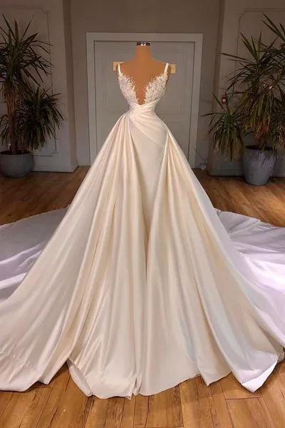 Chic Long A-line Sleeveless Spaghetti Strap Cathedral V-neck Satin Lace Wedding Dress