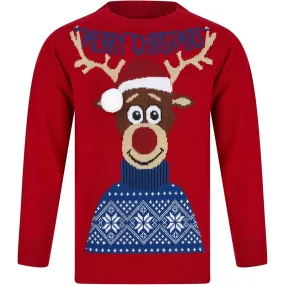 Christmas Reindeer 3D Pom Pom Junior Christmas Jumper - Red