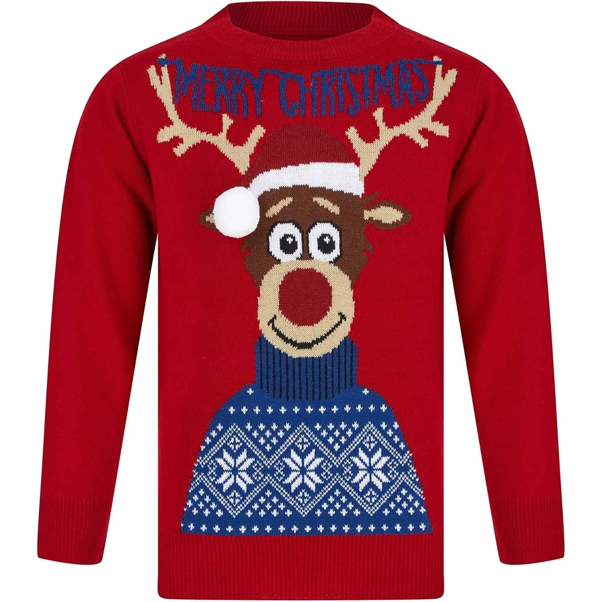 Christmas Reindeer 3D Pom Pom Junior Christmas Jumper - Red