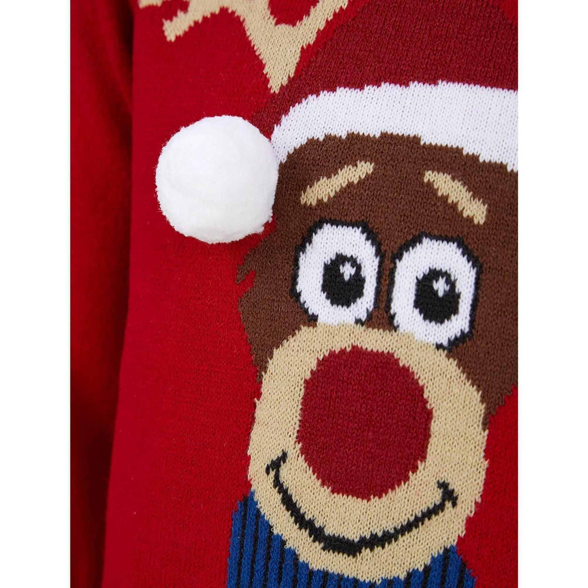 Christmas Reindeer 3D Pom Pom Junior Christmas Jumper - Red