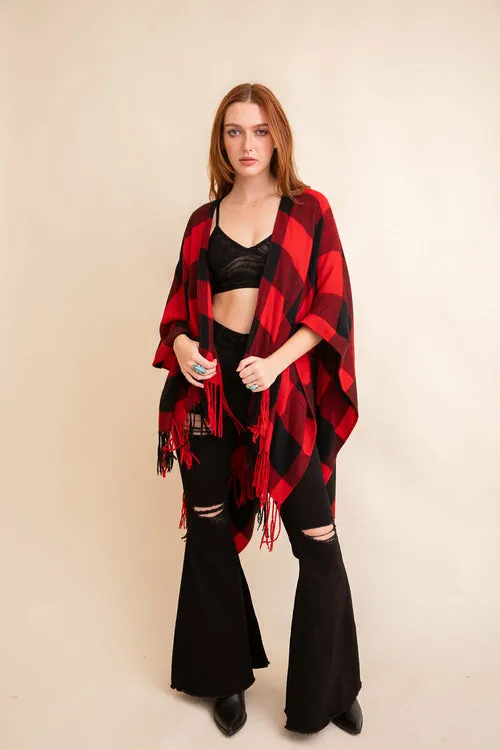 Classic Buffalo Check Tassel Poncho